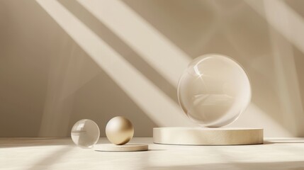 Three-dimensional scene with a golden sphere, a glass ball, and an abstract beige background surrounded by sunlight.