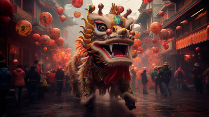 Vibrant Chinese New Year celebration with traditional dragon dance in a bustling street adorned...