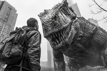 Surreal Urban Encounter with Giant Dinosaur and Onlooker in a Modern City Foggy Atmosphere, Black...