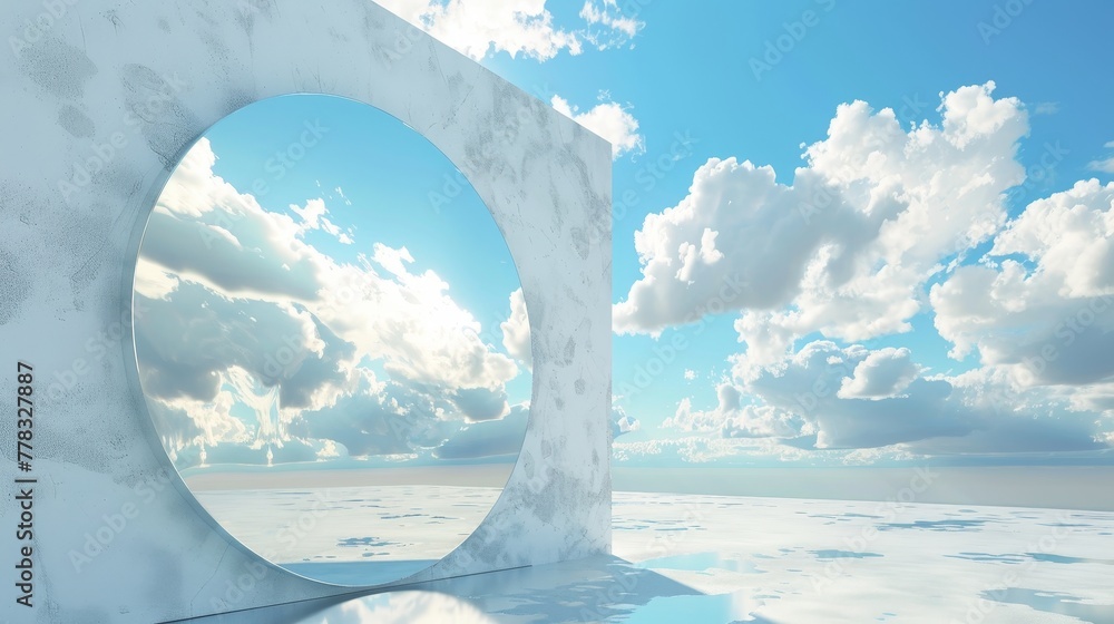 Poster an abstract panorama with white clouds and a round metallic mirror in a blue sky. 3d render