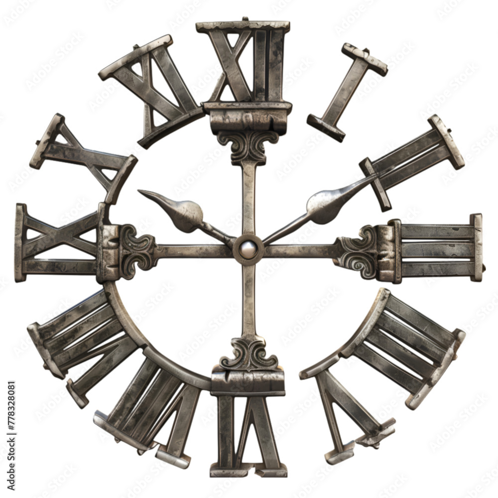 Poster a clock with roman numerals and a white face. the clock is old and has a rustic look. generative ai