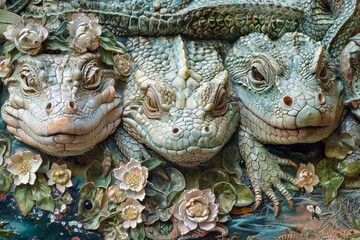 Detailed Stone Sculpture of Crocodile Heads Emerging Among Floral Embellishments on Wall