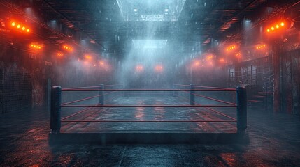 A boxing ring stands prominently in the center of a dimly lit room, setting the stage for an intense and dramatic fight night. - obrazy, fototapety, plakaty