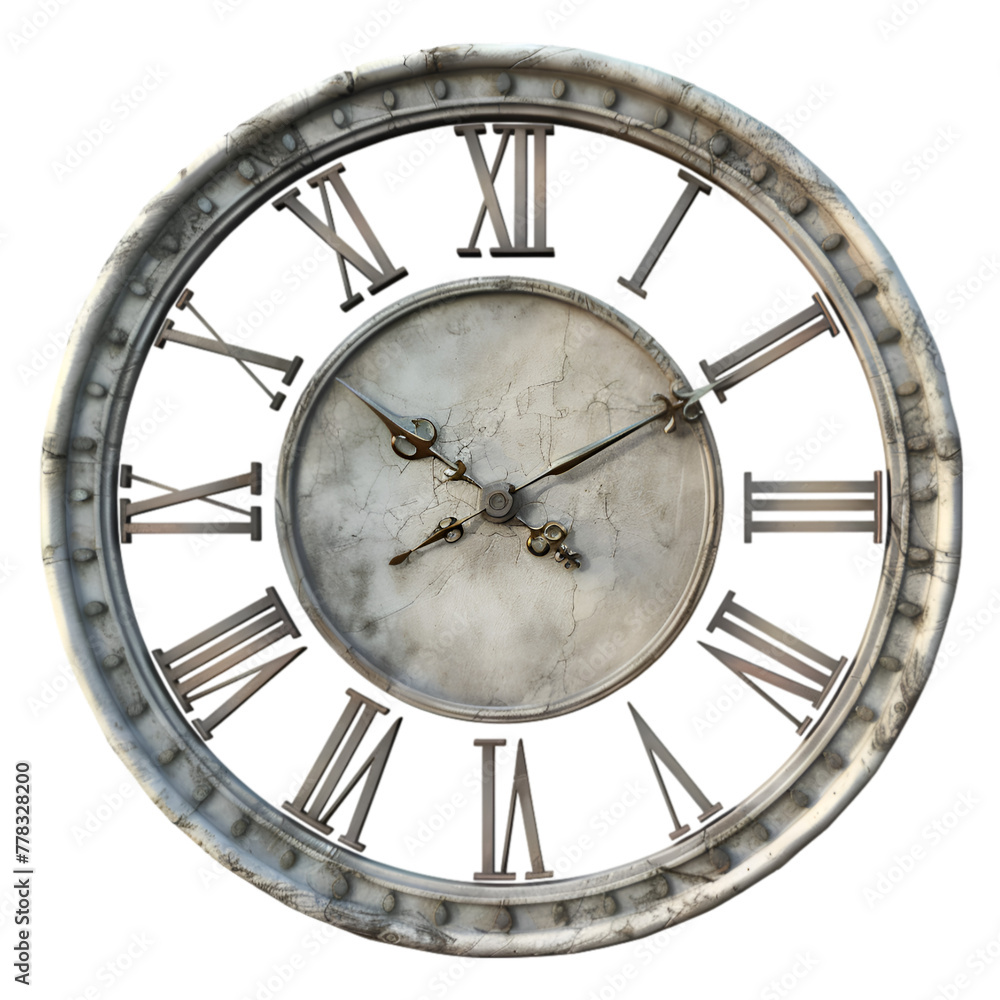 Poster a clock with roman numerals and a white face. the clock is old and has a rustic look. generative ai