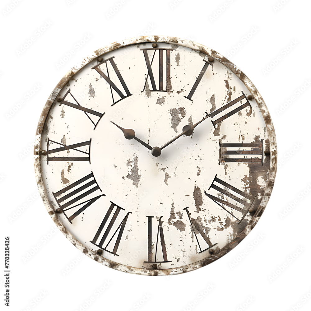 Poster a clock with roman numerals and a white face. the clock is old and has a rustic look. generative ai