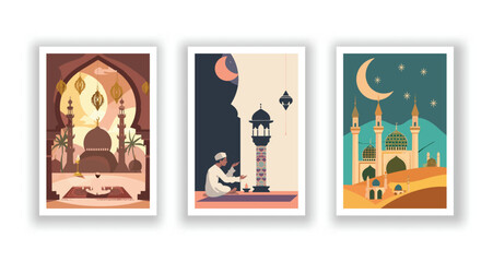 Set of 3 Eid al-Fitr Celebration Design, Minimalist Greeting Cards and Wallpaper Templates. Vector illustration