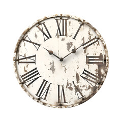A clock with roman numerals and a white face. The clock is old and has a rustic look. Generative AI