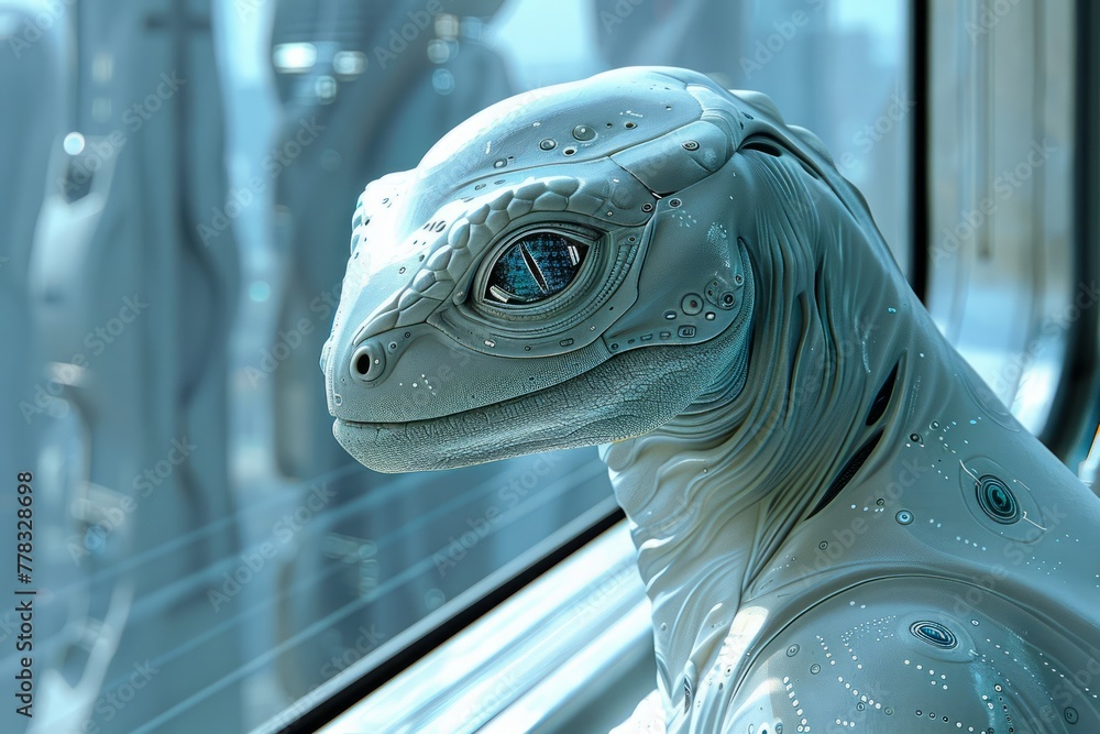 Poster futuristic robotic reptile concept with high tech design in a research laboratory environment