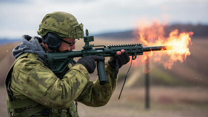 Fototapeta premium tactical shooting, military training with AK 74, fire and explosions
