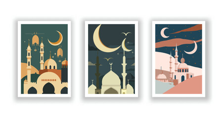 Set of 3 Eid al-Fitr Celebration Design, Minimalist Greeting Cards and Wallpaper Templates. Vector illustration