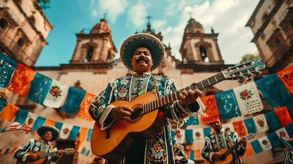 Traditional Mariachi Band Playing Guitars, Wearing Embellished Charro Outfits And Sombreros, Festive Atmosphere of Cinco de Mayo, Mexican Culture and Music, AI Generated