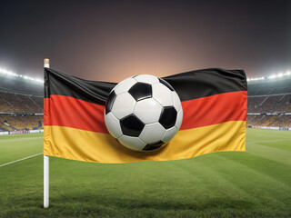 Soccer ball on a Germany flag on football field, Generative ai