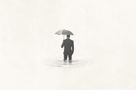 Illustration of wet business man walking into water, surreal concept
