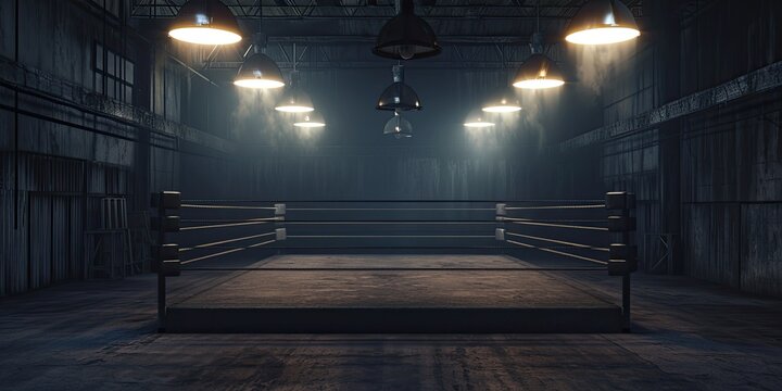 A photo capturing a boxing ring illuminated by lights hanging from the ceiling during a fight night event.