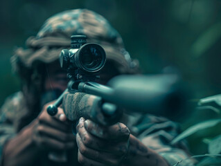 A sniper with a rifle is preparing to aim at the target.