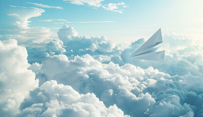 cinematic a paper airplane above the clouds - obrazy, fototapety, plakaty