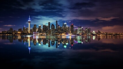 a city skyline with a reflection of a city in the water