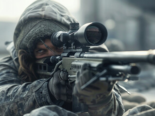A sniper with a rifle is preparing to aim at the target. - obrazy, fototapety, plakaty