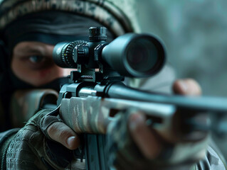 A sniper with a rifle is preparing to aim at the target.