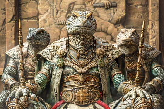 Intricately Detailed Reptilian Warrior Statues in Ornate Armor Against Stone Wall Background