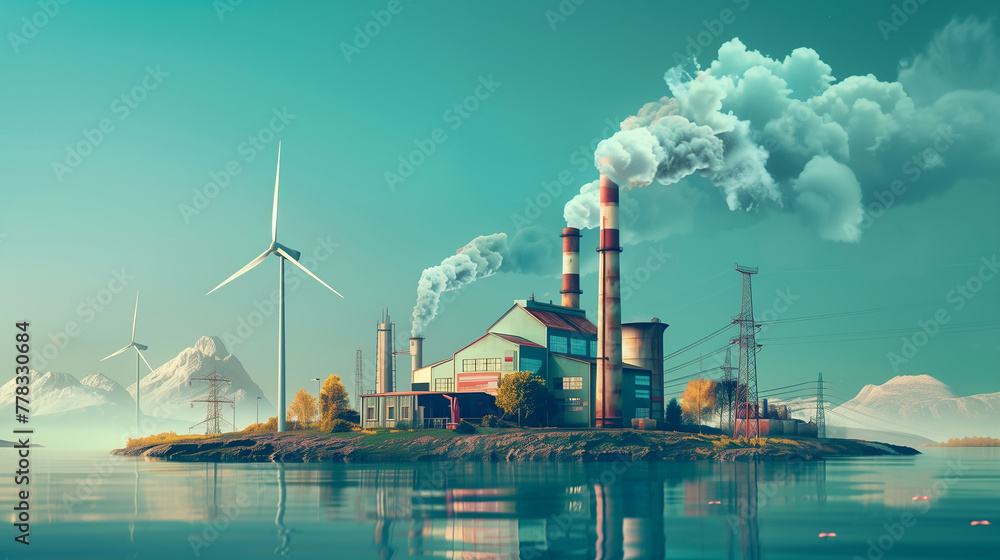 Poster a small island with a factory on it and a windmill. the factory is emitting smoke and the windmill i