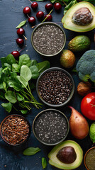 Anti-Constipation Diet Visual, showcasing fiber-rich foods, hydrating foods, and foods with natural laxative properties like prunes, flaxseeds, chia seeds, and leafy greens