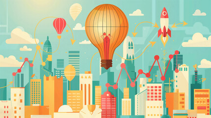 Fototapeta premium Abstract Cityscape with Light Bulb Balloon and Rising Graph Illustration