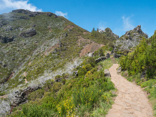 Tourist hikers walking at paved footpath, hiking trail PR1.2 from Achada do Teixeira to Pico Ruivo mountain, the highest peak in the Madeira, Portugal. - 778331864