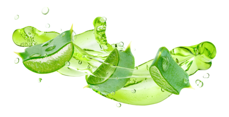 Green aloe vera gel flowing with aloe slices isolated on white background