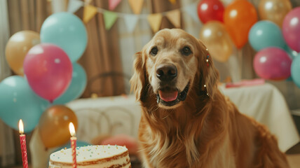 A dog at a birthday party. Dog's birthday. Dog in front of the thor - obrazy, fototapety, plakaty