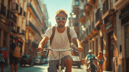 Cycling around the city. Happy man on a bicycle on the street. Front view of guy in glasses with bicycle