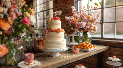 An example of serving a wedding cake in autumn flowers. Wedding one with flowers