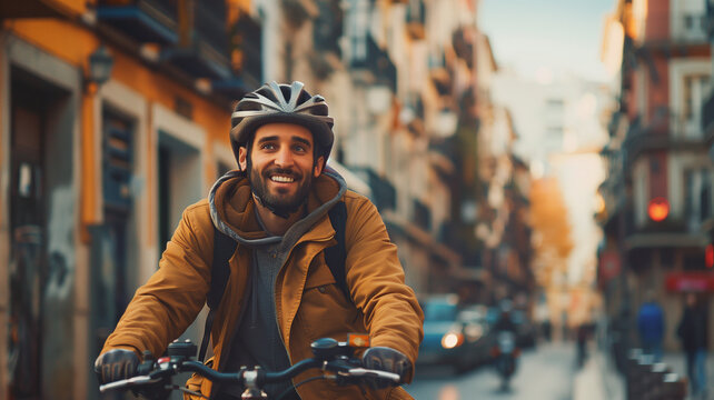 Cycling around the city. Happy man on a bicycle on the street. Front view of guy in glasses with bicycle