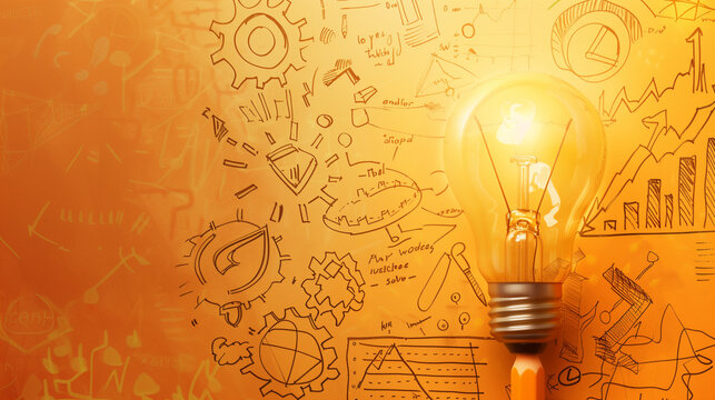 Conceptual Light Bulb with Business Strategy Sketches in Background
