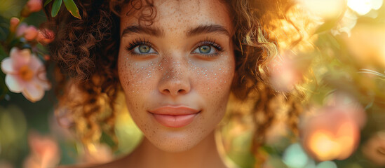 CURLY HAIRED GIRL IN BACKLIGHT ON BLOOM BACKGROUND WITH GRAY EYES