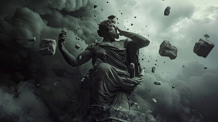 an ancient Greek statue being destroyed by stones falling from above, dark and moody scene