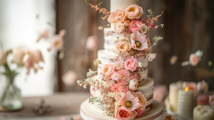 Floral wedding cake decoration in pink tones. Peonies decorating a tall wedding cake