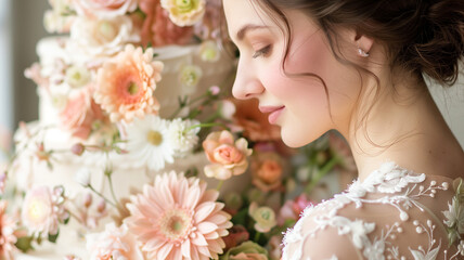 Bride in profile on the background of a cake decorated with flowers. Wedding cake with pink flowers