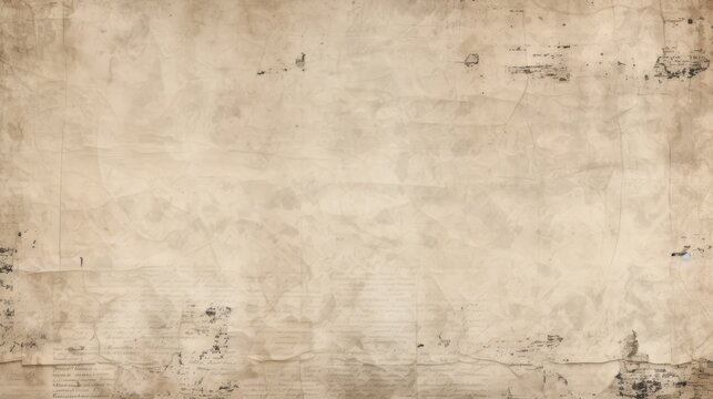 Newspaper pattern with old unreadable text and images. Vintage blurred paper news texture background. Textured page. Sepia beige collage. Print for wallpaper, wrapping paper. High quality photo