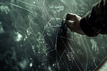 A close-up of a person's hand writing mathematical equations on a chalkboard in focused study