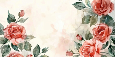 Beautiful Watercolor Painting of Pink Roses on White Background with Copy Space for Text