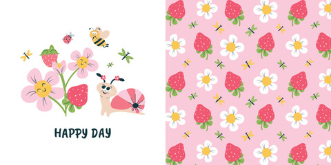 Children's seamless pattern with the image of a funny snail and delicious strawberries. Vector design for baby bedding, fabric, wallpaper, wrapping paper and more. - obrazy, fototapety, plakaty