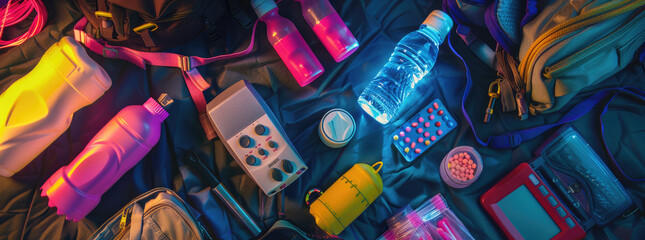emergency necesities items on the table in case of war, top view , flashlight, water bottle, radio on batteries, pack of pills, backpack, colorful style featuring pink, blue, yellow, purple and green - obrazy, fototapety, plakaty