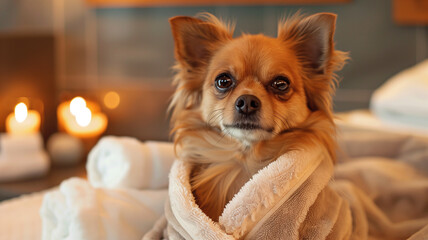 Dog in a bathrobe after spa treatments. Rest for dogs. Spa salon for pets