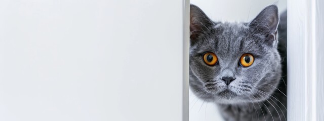 a grey british shorthair cat with yellow eyes peeks out from behind the door, white background, banner for website of pet shop, copy space concept