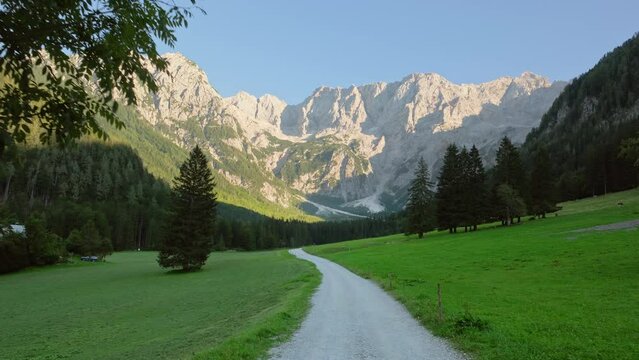 Idyllic green valley with Kamnik-Savinja Alps at background