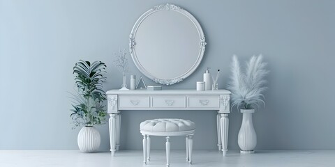 Elegant Dressing Table Vanity with Ornate Mirror and Floral Accents in Serene White Setting