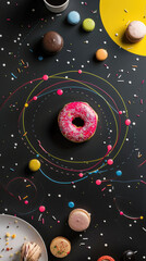 pink donut, macarons and coffee cups on a black background with colorful circles around them in the style of a solar system poster The circle lines connect each element