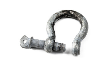 An old galvanized chain shackle and clevis pin isolated on white