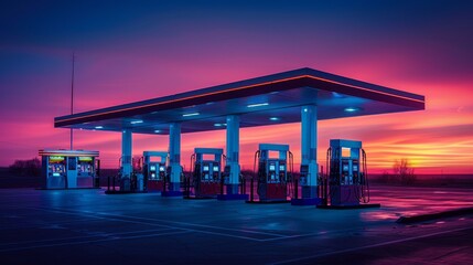Gas station under vibrant sunset skies - obrazy, fototapety, plakaty